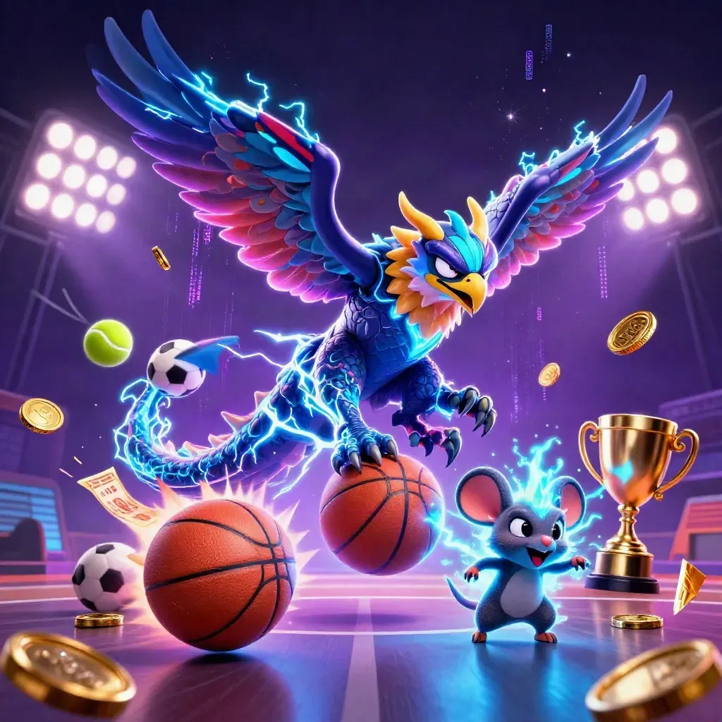 Electric dragon, hawk, and mouse amid exploding basketball action and casino lights
