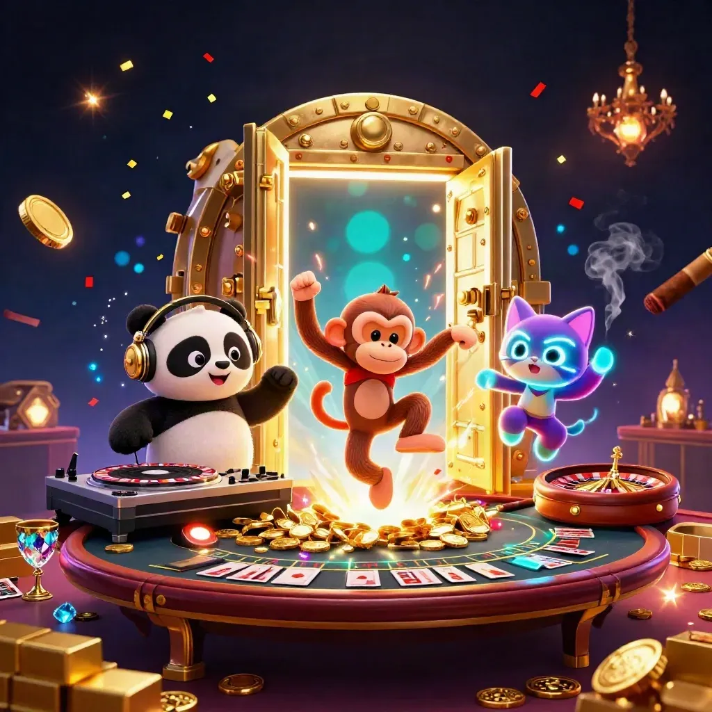 DJ panda, breakdancing monkey, and glow-stick kitten in a luxe casino scene