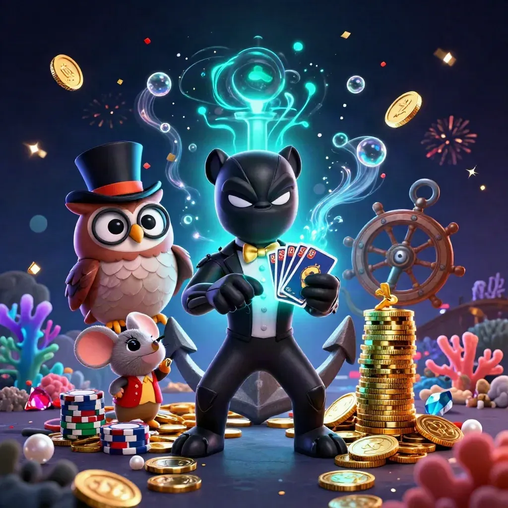 Panther, owl, and mouse amid underwater treasure, coins, gems, and neon cyan magic.