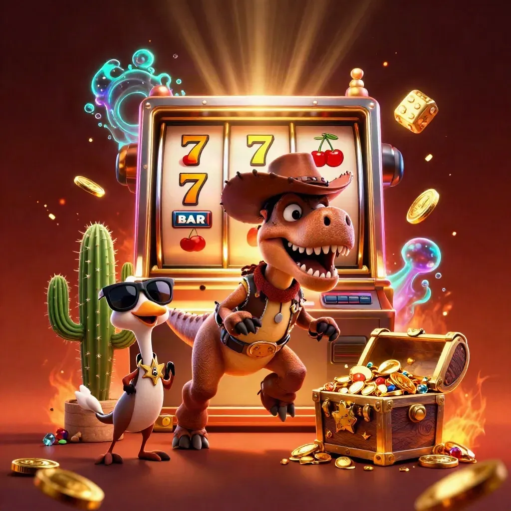 Cowboy T-Rex trio blasts past a bursting slot machine amid gold, gems, and neon cyan glow.