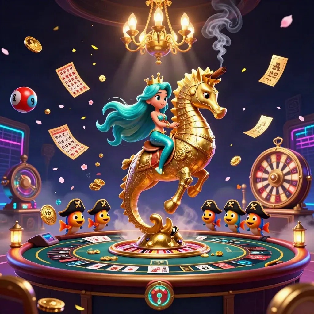 Mermaid princess rides a golden seahorse amid casino lights, lottery balls, roulette, and glowing cards