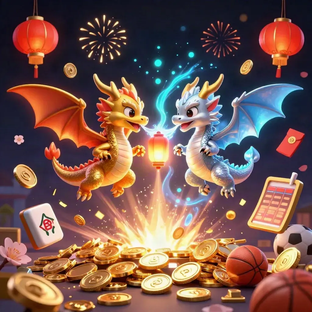 Twin gold and silver dragons burst with coins, fireworks, lanterns, and sports icons in luxe casino lighting.
