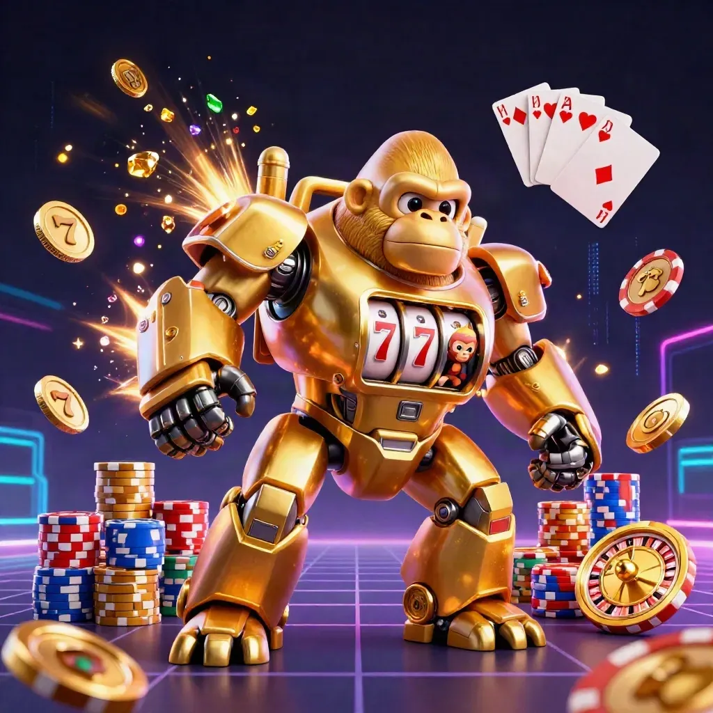 Golden gorilla mech with tiny monkey pilot, coins, gems, roulette wheel, chips, and neon casino effects