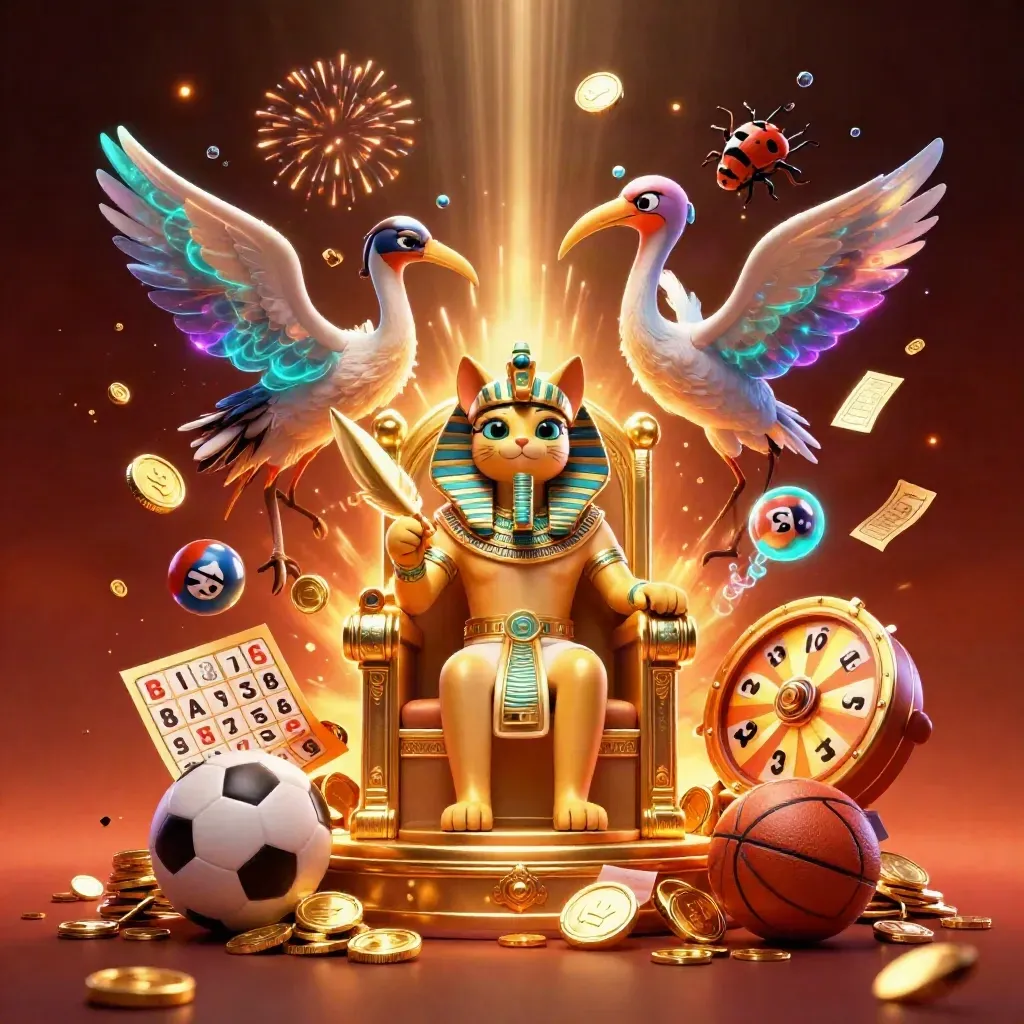 Pharaoh cat, ibis scribe, and scarabs amid coins, fireworks, bingo, wheel, and sports betting icons.