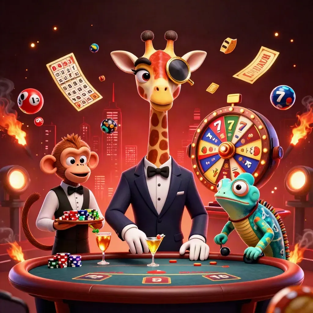 High-roller giraffe, monkey valet, and chameleon bartender amid casino effects and neon glow.