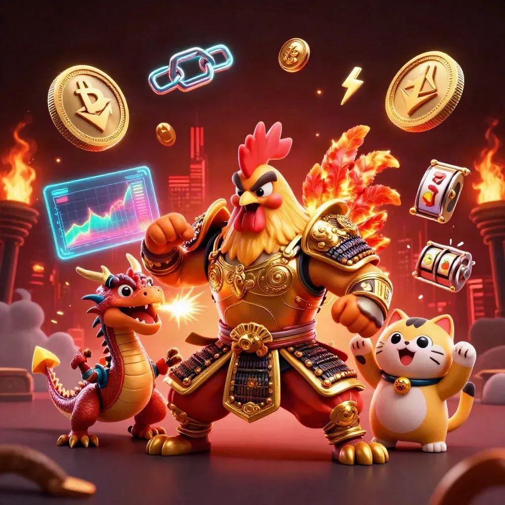 Rooster warrior, dragon hatchling, and fortune-cat amid casino coins, sparks, and neon lights.