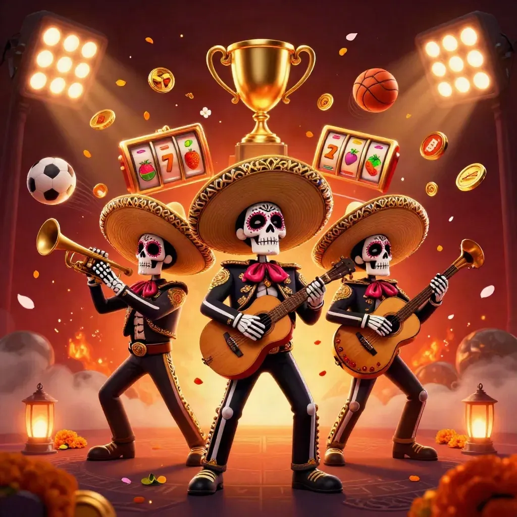 Day-of-the-Dead mariachi skeleton trio amid sports balls, coins, reels and neon casino glow